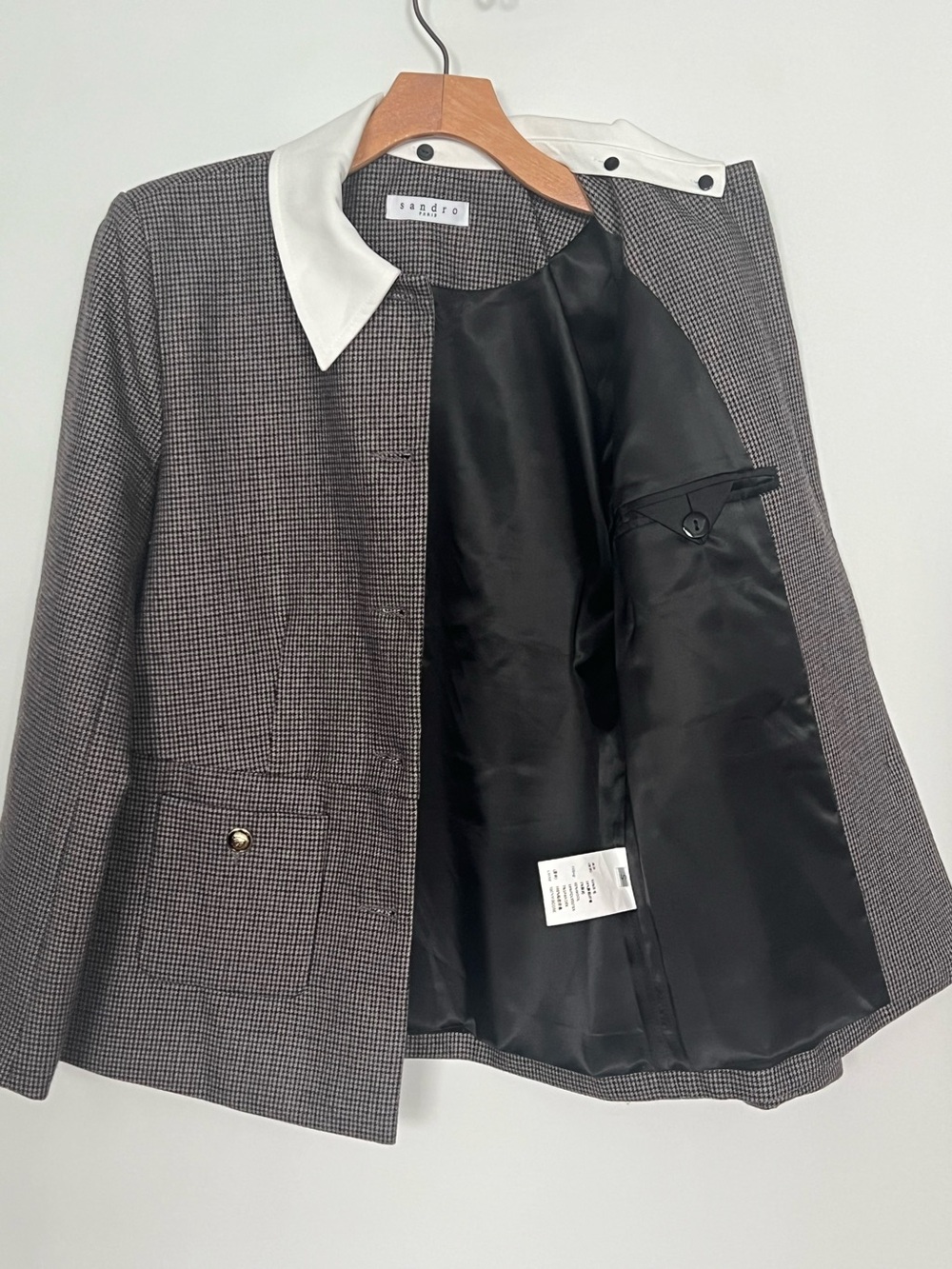 Sandro Paris Houndstooth Wool Blend Jacket Removable Collar Small - Picture 6 of 8